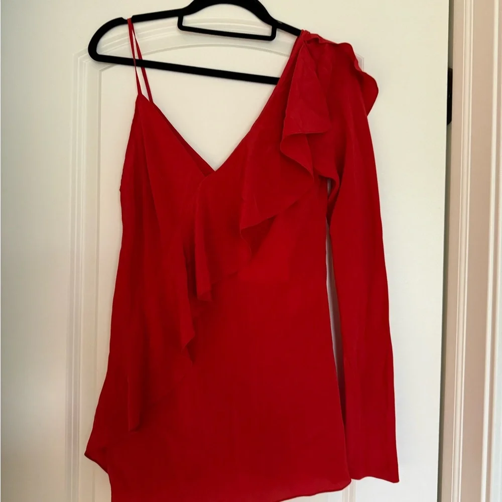 NWT Diane Von Furstenberg One-Shoulder Red Ruffle Blouse Top 4 - Picture 6 of 6